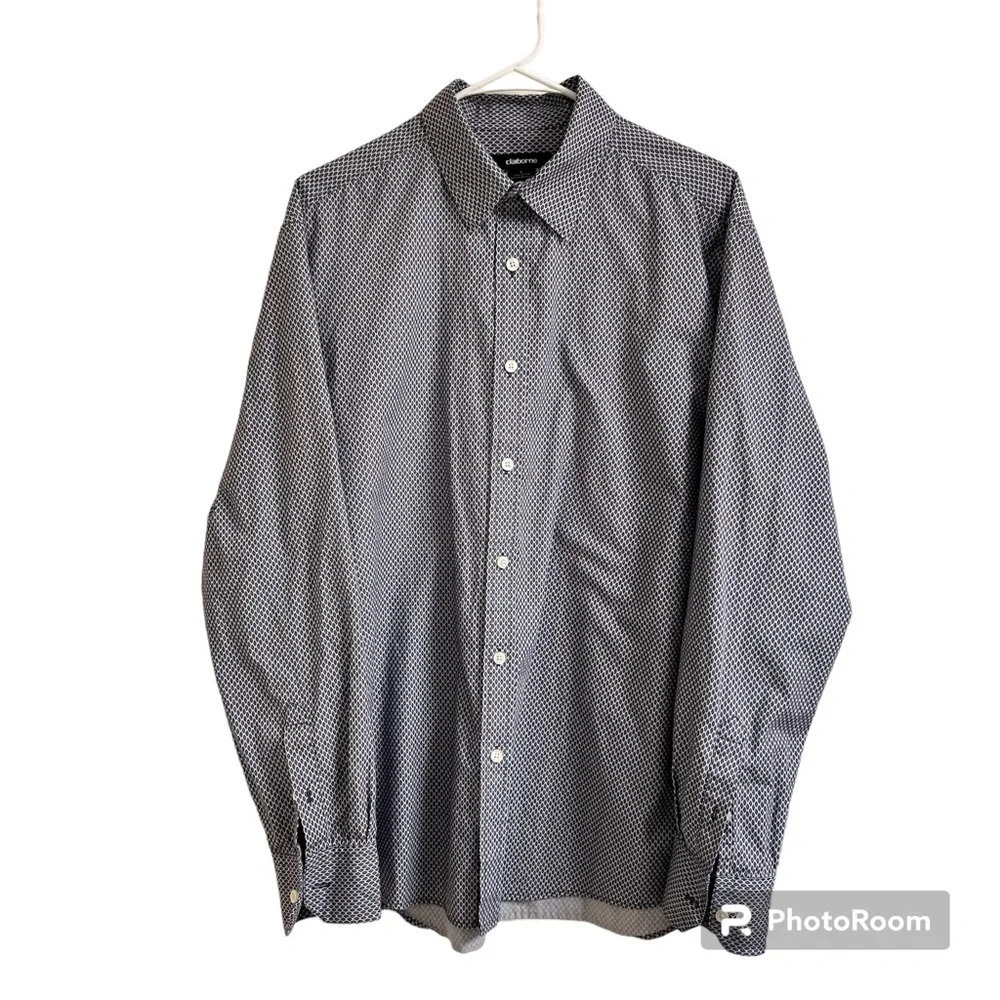 CLAIBORNE Men Dress Shirt Size Large 100% Cotton Long Sleeves Blue Geometric - Picture 3 of 7